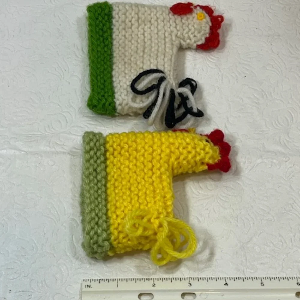 Two (2) Crocheted/Knitted Chicken/Hen Egg Cozies Covers Holder Decor 3.75